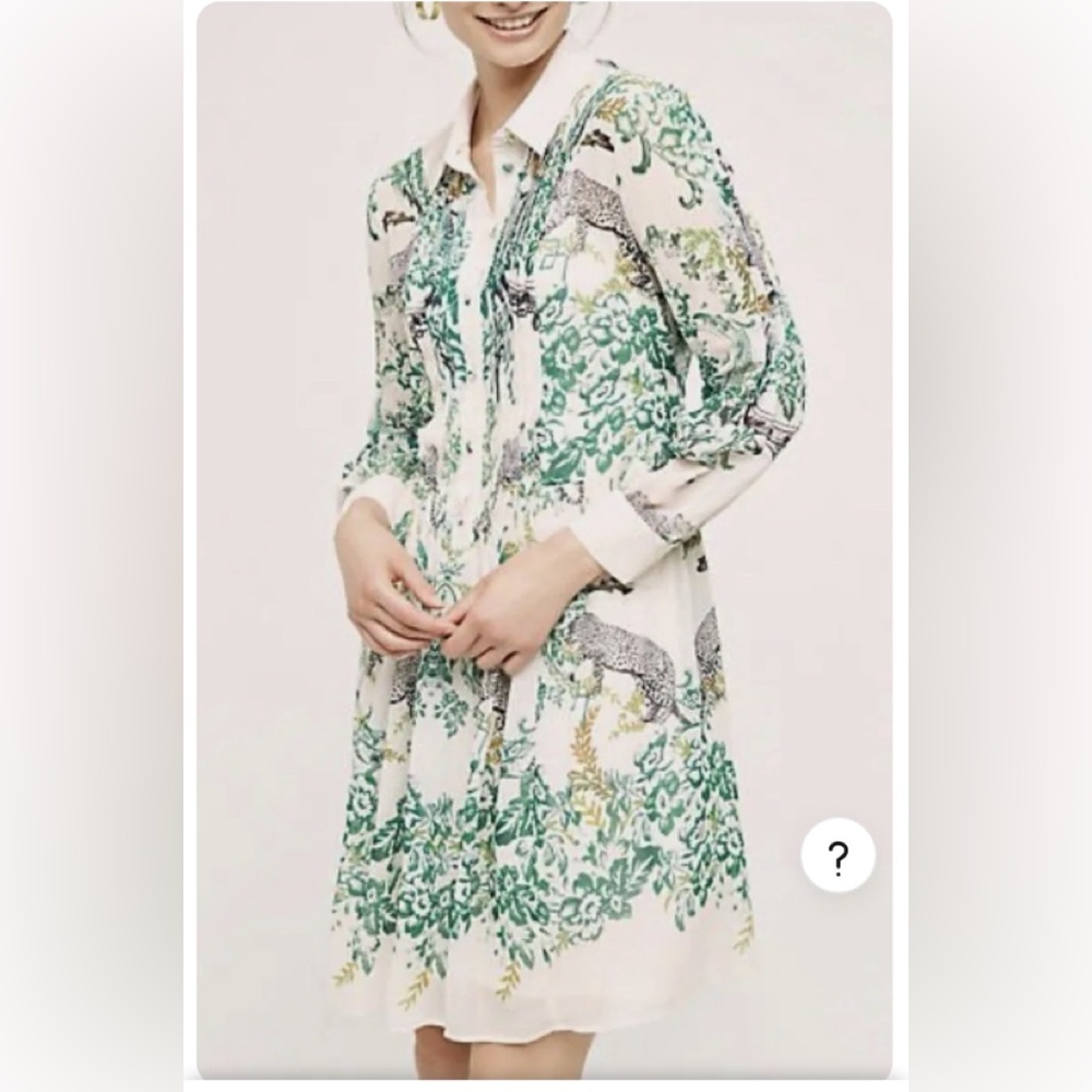 Anthropologie Dress with Green & Yellow Botanical/Animal Print
